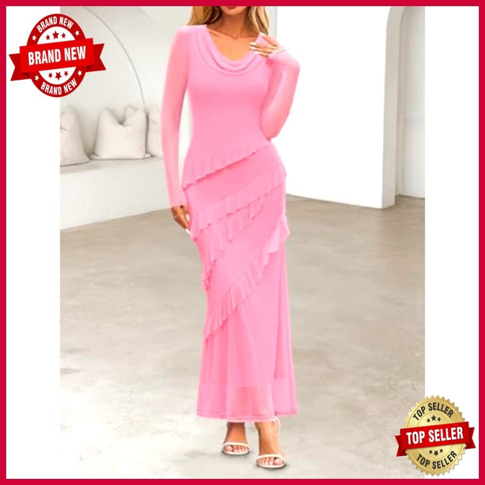 Long Sleeve Maxi Dress Cowl Neck Bodycon Formal Cocktail Wedding Guest - Picture 5 of 7